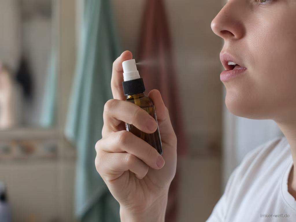 Person sprüht Propolis-Spray aus einem braunen Fläschchen in den Mund- und Rachenraum
