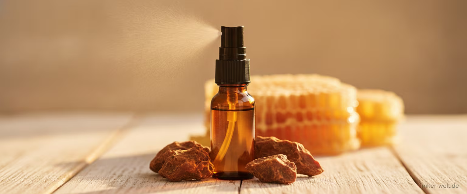 Braunes Glas-Sprühfläschchen mit Propolis-Rachenspray, daneben rohes Propolis und Honigwabe auf rustikalem Holztisch