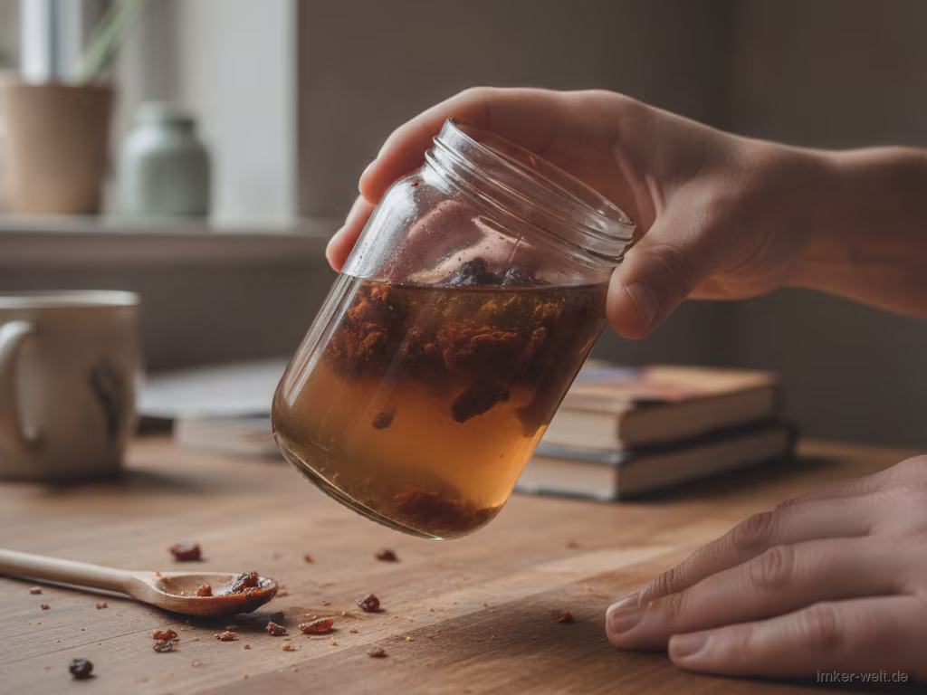 Glas mit angesetzter Propolis-Tinktur, in dem rohes Propolis in Alkohol zieht