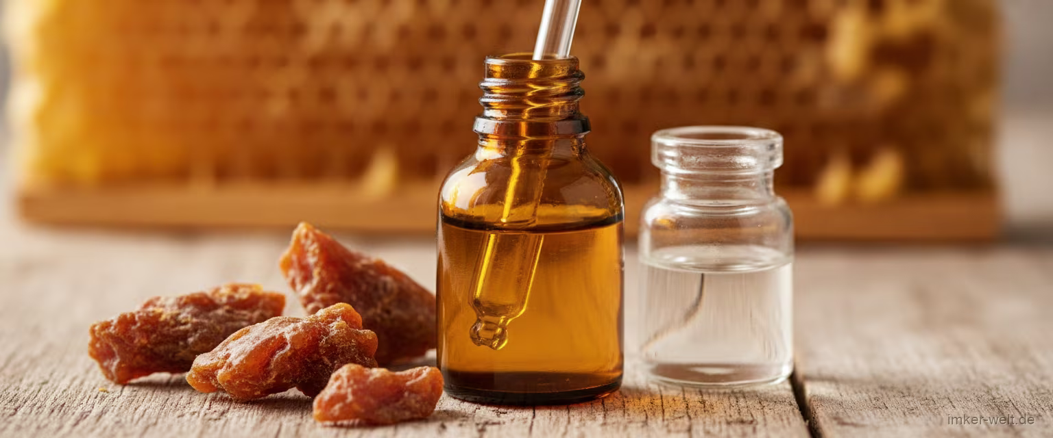 Amber-Fläschchen mit selbst gemachter Propolis-Tinktur und Pipette, daneben rohes Propolis und hochprozentiger Alkohol auf rustikalem Holztisch