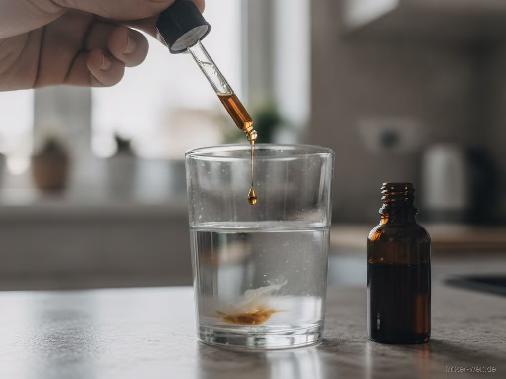 Hand gibt einige Propolis-Tropfen in ein Glas Wasser auf einer Küchenarbeitsplatte
