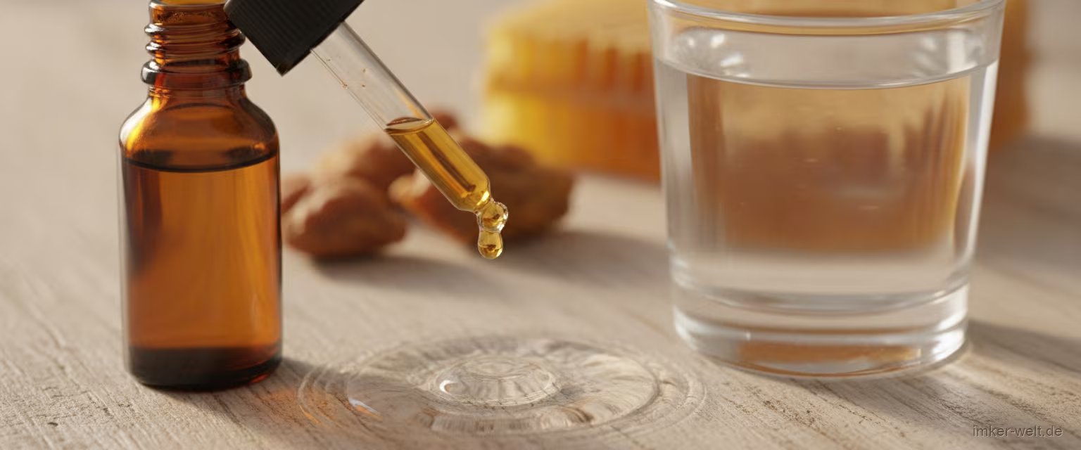 Amber-Tropffläschchen mit Propolis-Tinktur, das einen goldbraunen Tropfen über ein Glas Wasser abgibt, mit rohem Propolis und Honigwabe im Hintergrund