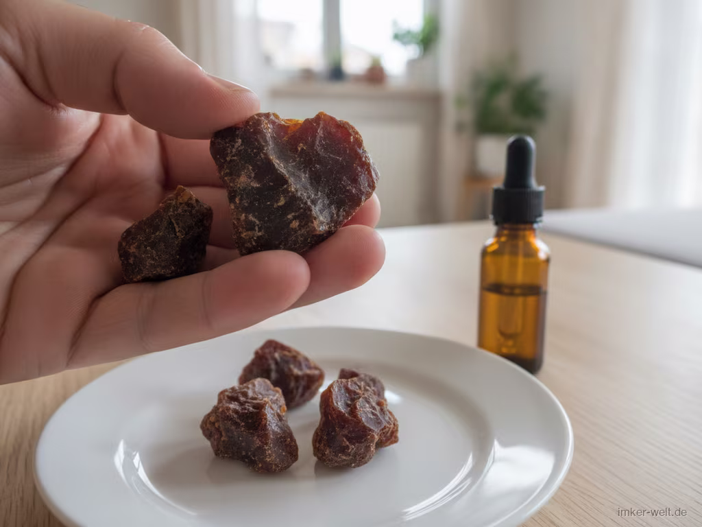 Hand hält Stücke rohes, rotbraunes Propolis über einem Teller, daneben ein Tropffläschchen