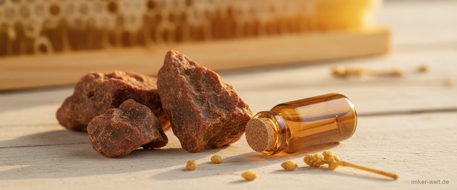 Rohes Propolisharz neben einem Laborfläschchen und flavonoidreichen Pflanzenknospen, Honigwabe im Hintergrund
