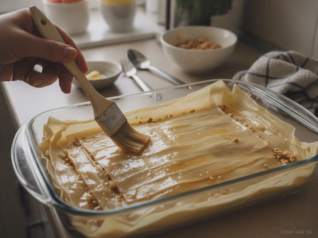Filoteig-Schichten werden mit Butter bestrichen