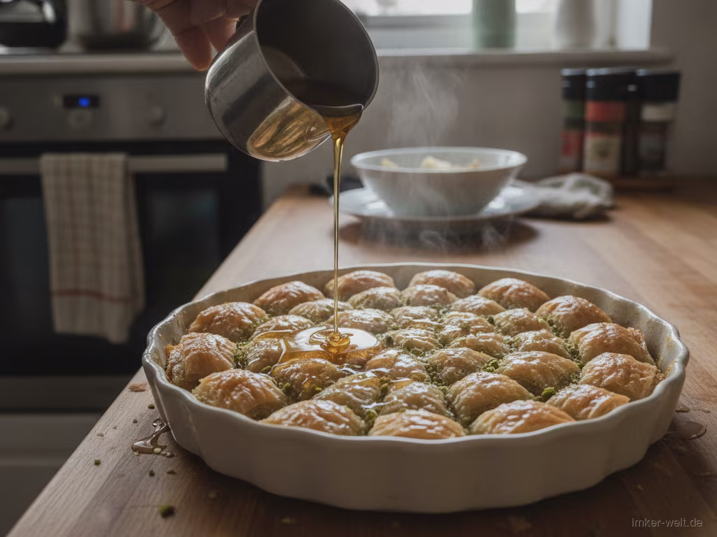 Kalter Honigsirup wird über heiße Baklava gegossen