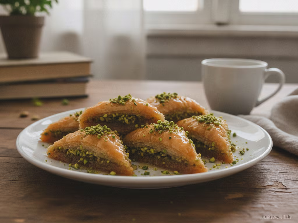 Goldene Baklava-Stücke mit gehackten Pistazien, glänzend vom Sirup