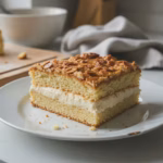 Stück Bienenstich mit goldener Mandel-Honig-Decke und Vanillecreme-Füllung