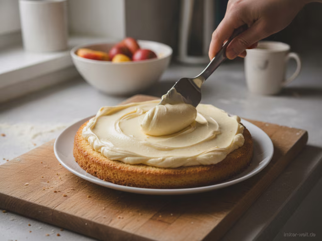 Vanillecreme wird auf den Kuchenboden gestrichen