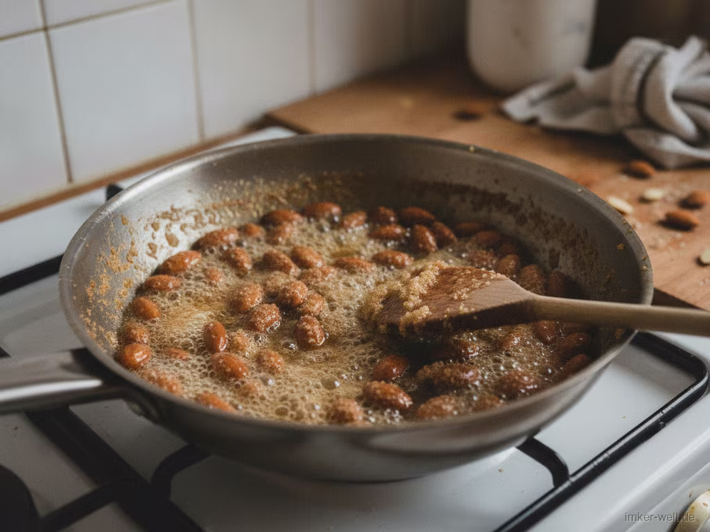 Mandeln in Zucker-Honig-Sirup werden in der Pfanne gerührt