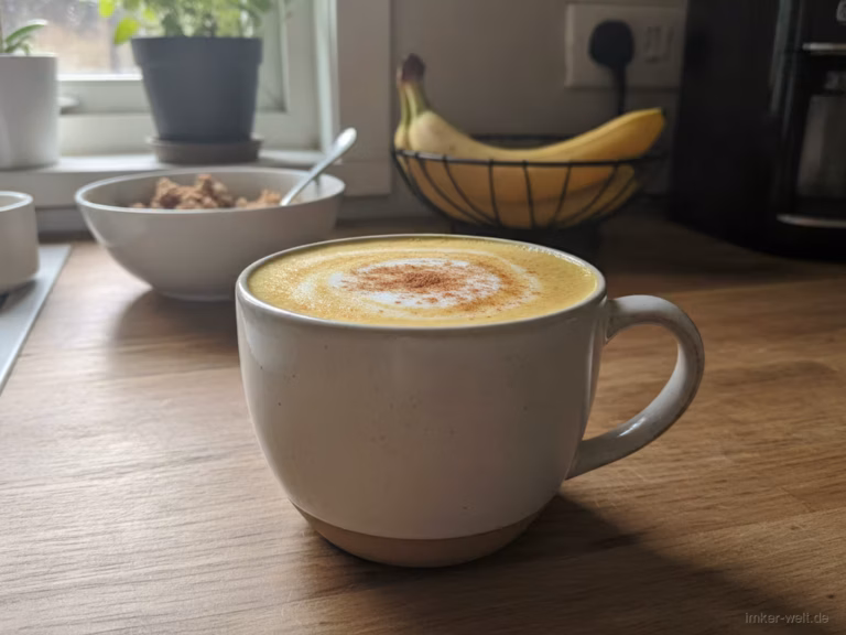 Tasse goldene Kurkuma-Milch mit Schaum und Zimt bestäubt