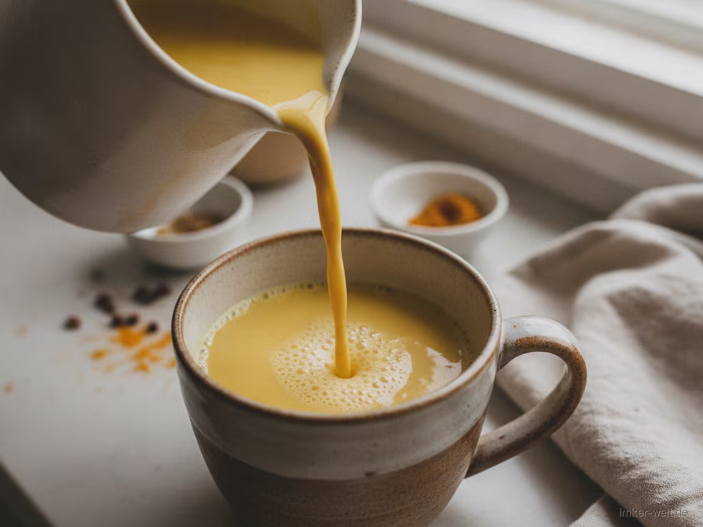 Goldene Kurkuma-Milch wird in eine Tasse gegossen