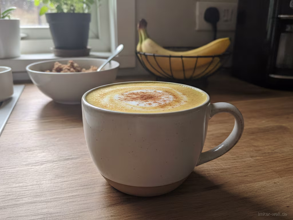 Tasse goldene Kurkuma-Milch mit Schaum und Zimt bestäubt
