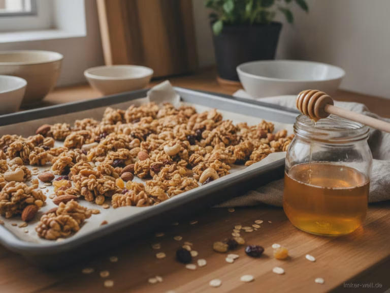 Selbst gemachte goldene Granola-Cluster mit Nüssen auf einem Backblech