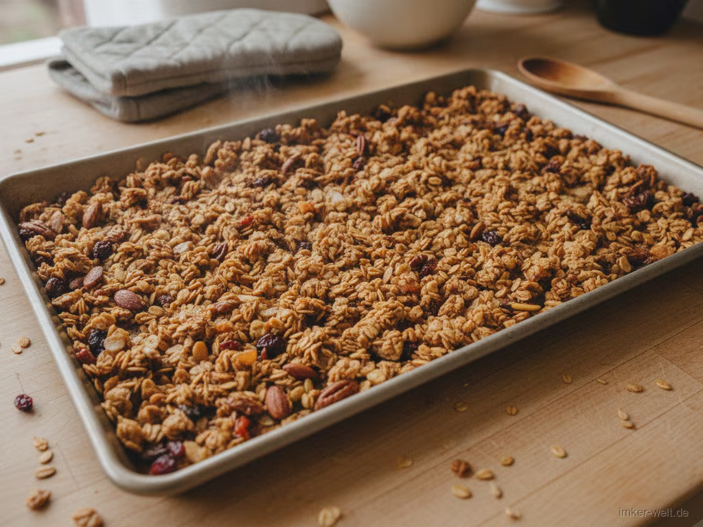 Goldenes Granola auf dem Backblech frisch aus dem Ofen