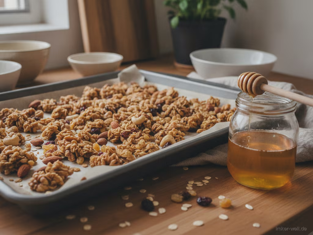 Selbst gemachte goldene Granola-Cluster mit Nüssen auf einem Backblech