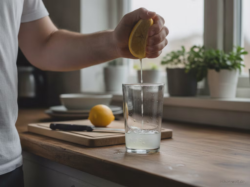 Eine halbe Zitrone wird in ein Glas gepresst