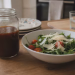 Glas dunkles Honig-Balsamico-Dressing neben einem Tomaten-Rucola-Salat