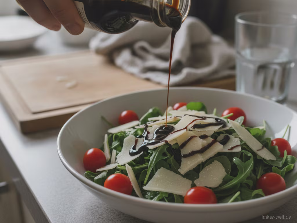 Balsamico-Dressing wird über Tomaten-Rucola-Salat geträufelt