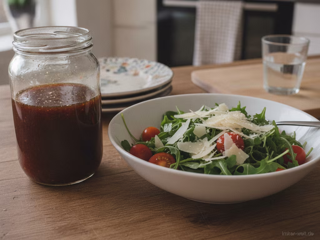 Glas dunkles Honig-Balsamico-Dressing neben einem Tomaten-Rucola-Salat