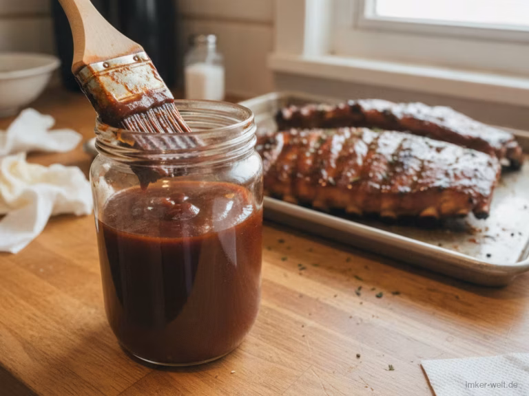 Glas dicke, dunkle Honig-BBQ-Sauce mit Pinsel, im Hintergrund Grillrippchen