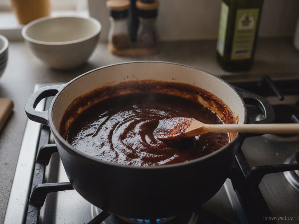 Dunkle BBQ-Sauce köchelt im Topf