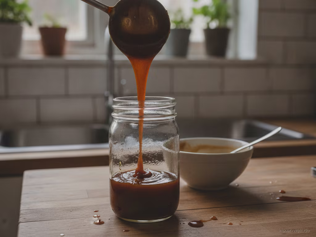 Dicke Honig-BBQ-Sauce wird ins Glas gefüllt