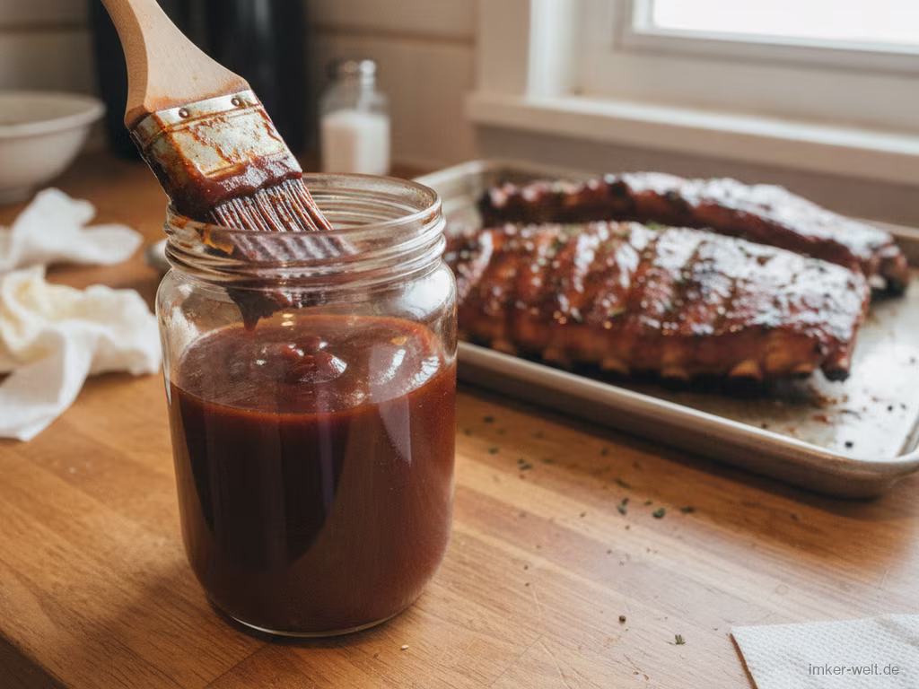 Glas dicke, dunkle Honig-BBQ-Sauce mit Pinsel, im Hintergrund Grillrippchen