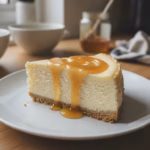 Cremiges Stück Honig-Käsekuchen mit etwas Honig beträufelt