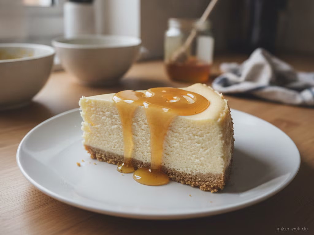 Cremiges Stück Honig-Käsekuchen mit etwas Honig beträufelt