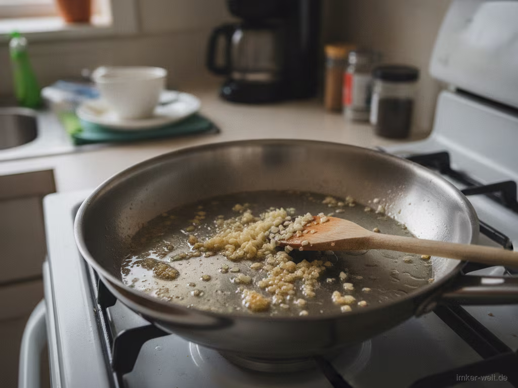 Gehackter Knoblauch wird in der Pfanne angebraten