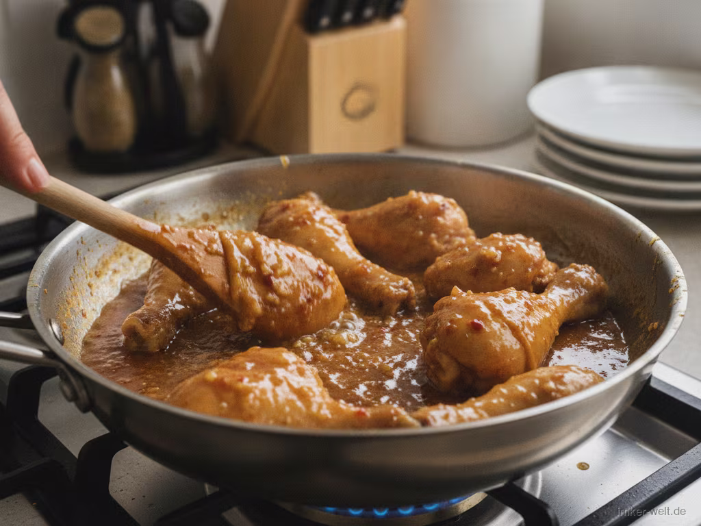 Glänzende Honig-Knoblauch-Sauce dickt am Hähnchen ein