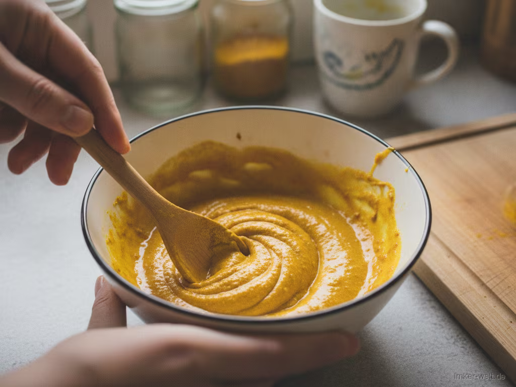 Kurkuma und Honig werden zu goldener Paste verrührt