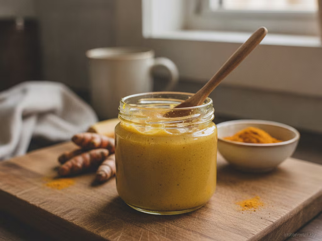 Goldene Kurkuma-Honig-Paste im kleinen Glas
