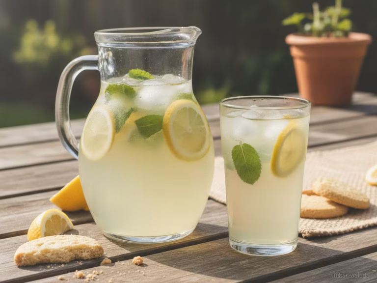 Karaffe und Glas Honig-Limonade mit Eis, Zitrone und Minze