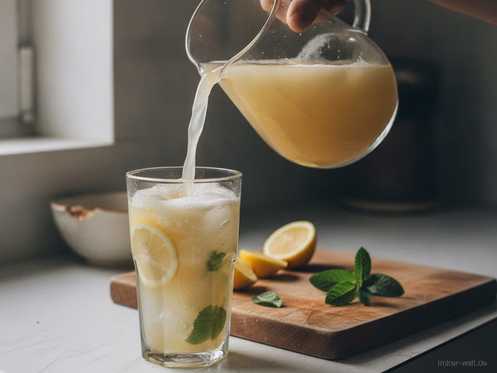 Honig-Limonade wird über Eis mit Zitrone und Minze gegossen