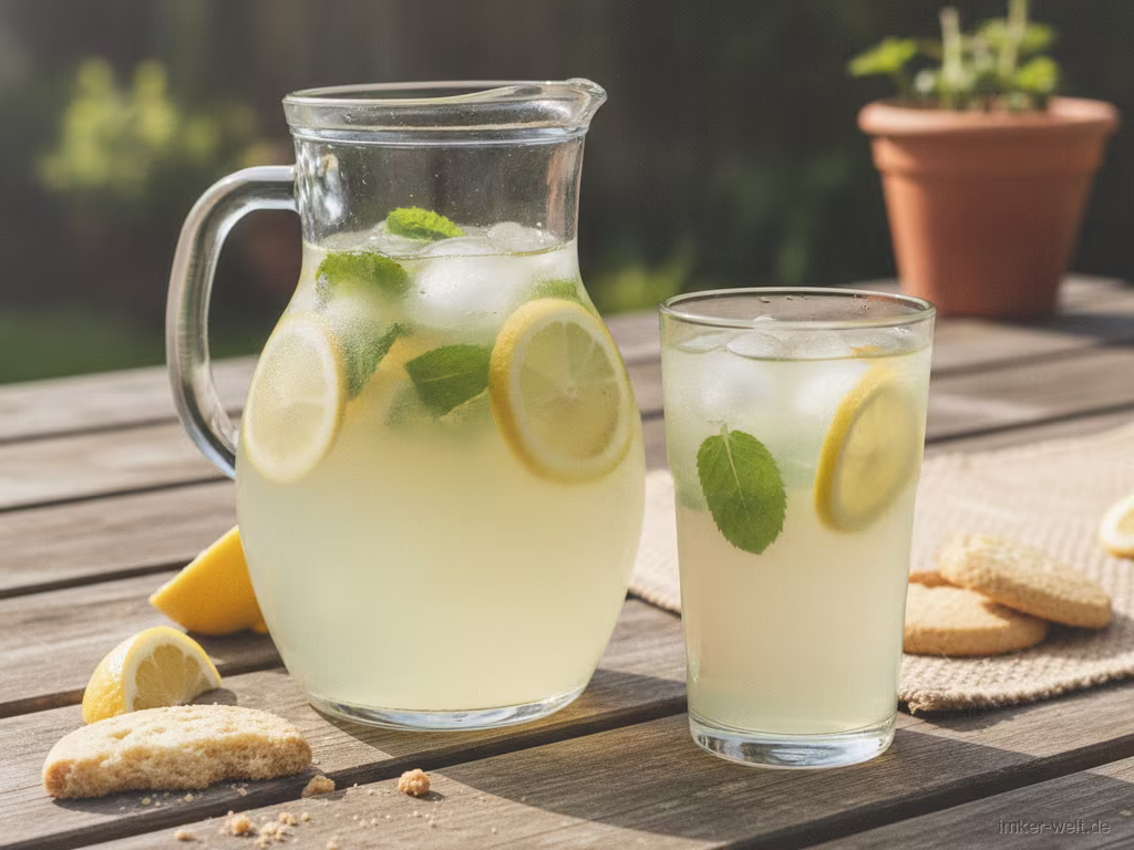 Karaffe und Glas Honig-Limonade mit Eis, Zitrone und Minze