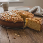Runder Honig-Mandel-Kuchen mit Mandelblättchen, ein Stück angeschnitten