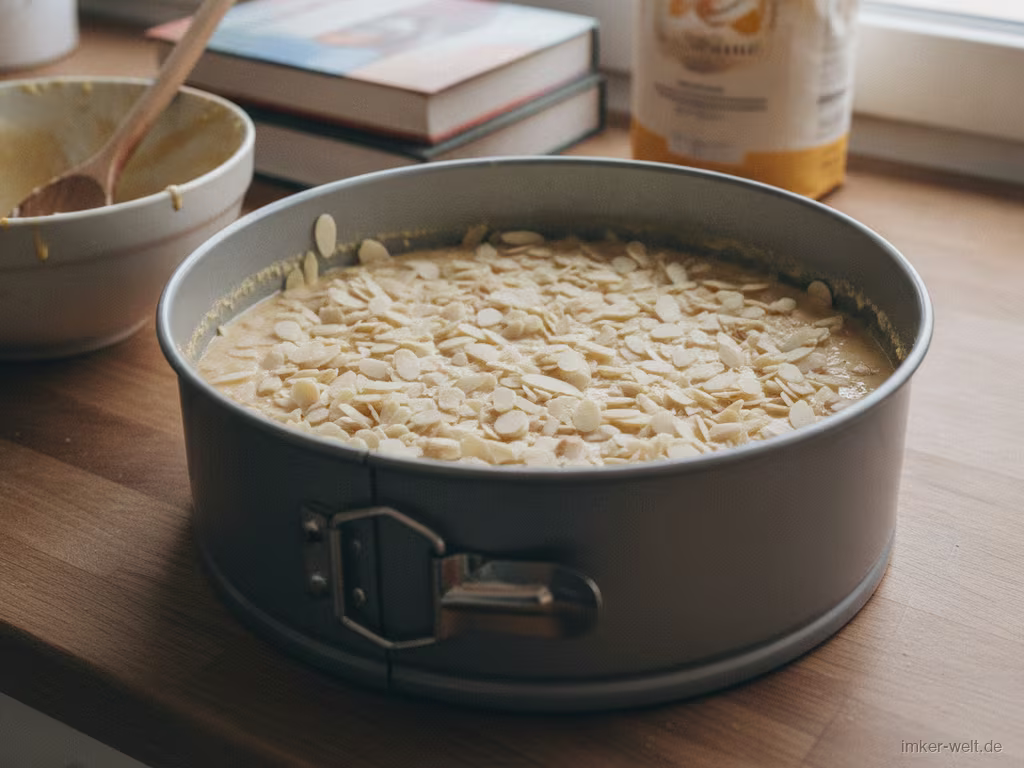 Mandelkuchen-Teig in der Form mit Mandelblättchen