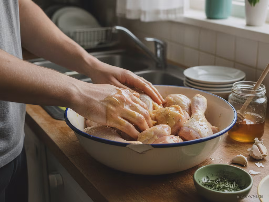 Hähnchen wird mit Honig-Marinade eingerieben
