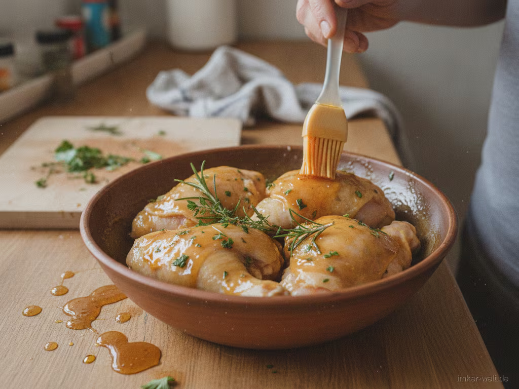 Fleischstücke in einer Honig-Marinade mit Kräutern in einer Schüssel