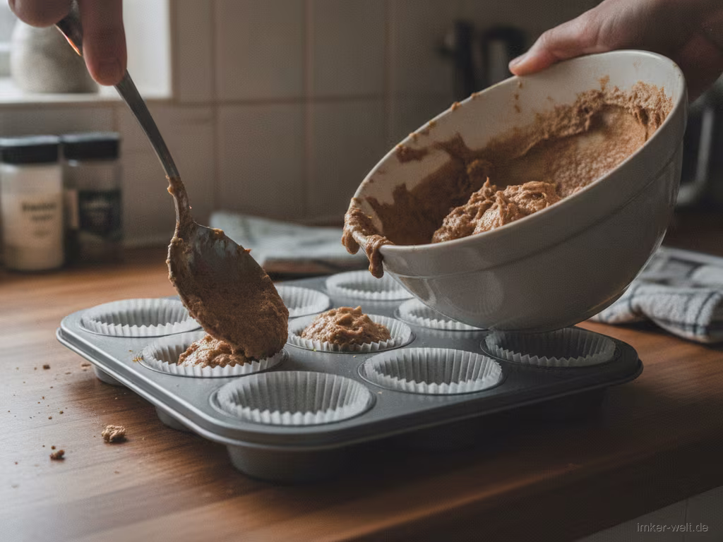 Muffin-Teig wird in Papierförmchen gefüllt