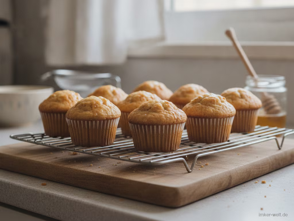 Frisch gebackene Honig-Muffins in Papierförmchen auf einem Gitter