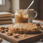 Glas cremiger Honig-Nuss-Aufstrich auf einer Scheibe Brot