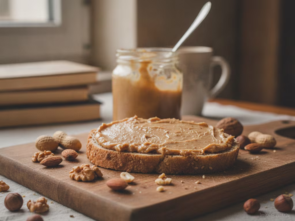 Glas cremiger Honig-Nuss-Aufstrich auf einer Scheibe Brot