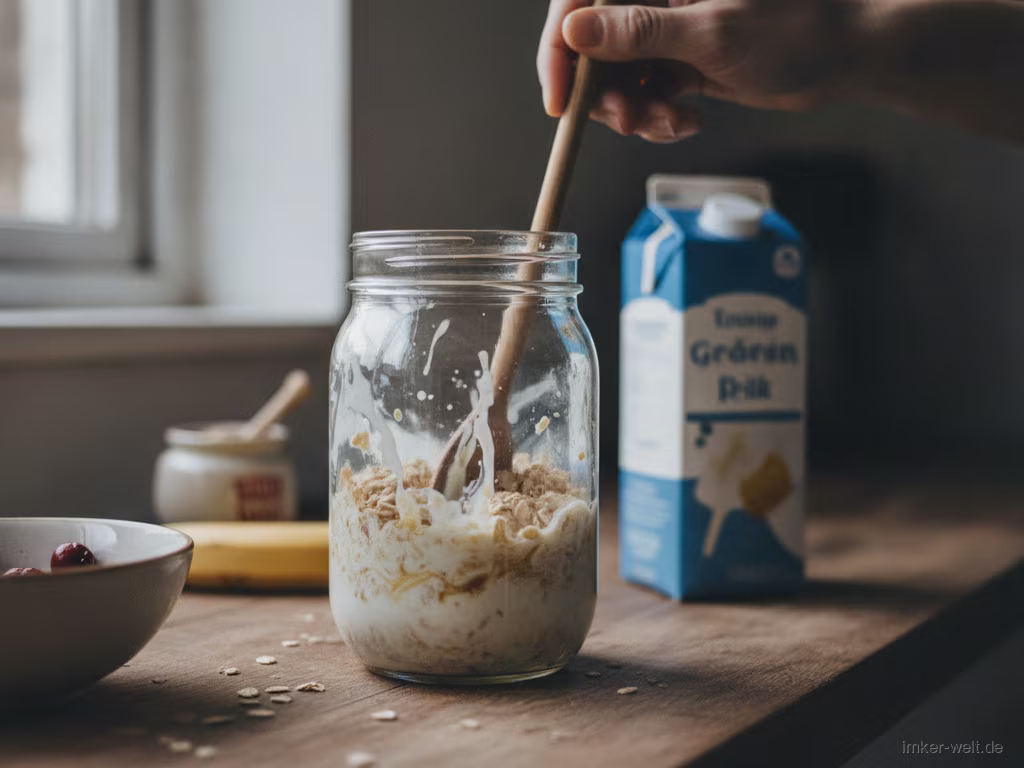 Haferflocken, Milch, Joghurt und Honig werden im Glas verrührt