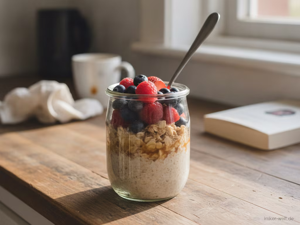 Glas Overnight-Oats mit Honig, Joghurt und Beeren geschichtet