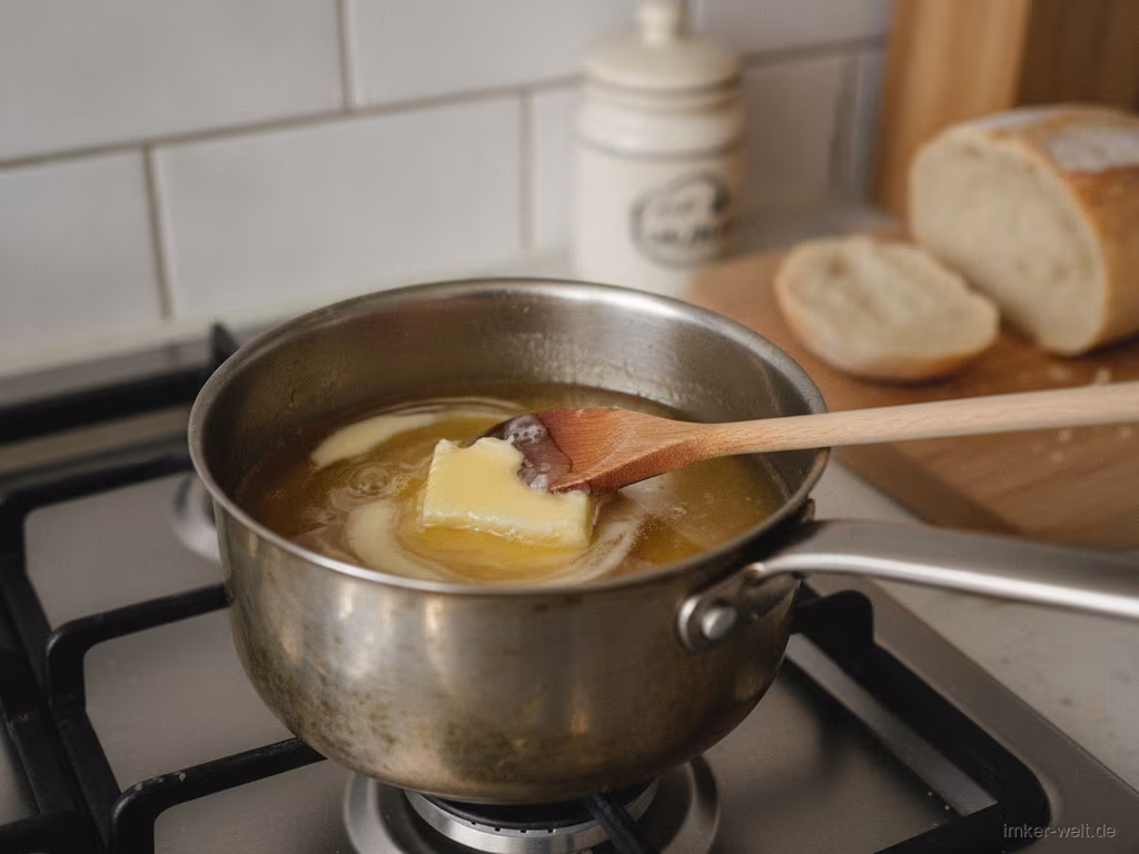 Honig und Butter schmelzen zu einem Sirup im Topf