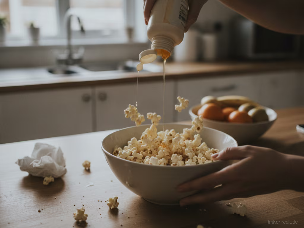 Honigsirup wird über das Popcorn gegossen und gemischt