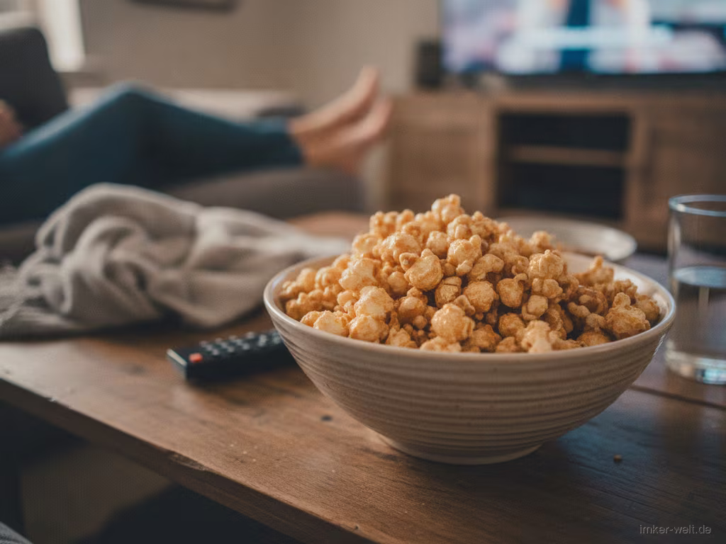 Schüssel glänzendes Honig-Popcorn für den Filmabend